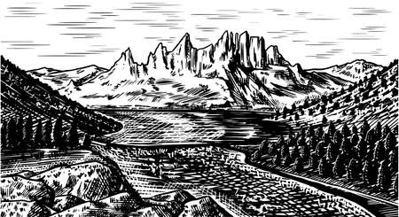 Mountain landscape background. Alpine peaks and forest. Vintage Mount and valley. Travel concept.のイラスト素材