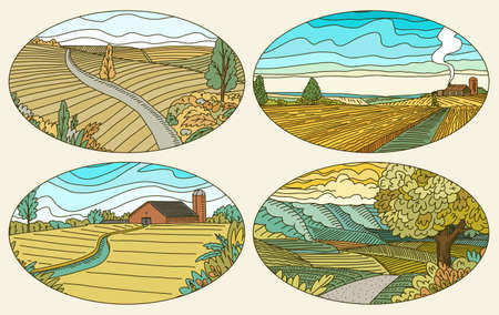 Rural landscapes stickers set. Farm field and cabin. Agriculture and Vineyard. Green hills, meadows and mountains background for banner or web. Vector illustration. Hand draw engrave vintage sketch.のイラスト素材