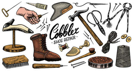 Cobbler set. Professional equipments for Shoe repair. Shoemaker or bootmaker. Cream Hammer Awl Brush Thread Glue Shoe and Calligraphic lettering. Hand drawn engraved old sketch for label or poster.のイラスト素材