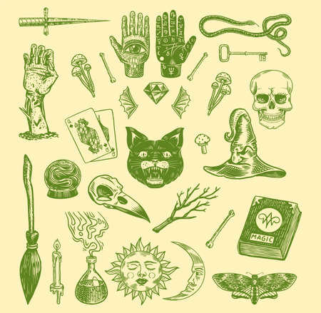 Mystical magic boho elements. Witchcraft astrological set. Esoteric alchemy sketch for tattoo. Palmistry and skull, the hand of a dead man. Drawn Engraved Game Cards and Black Cat.のイラスト素材