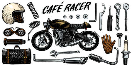 Motorcycle repair. Set of tools for the cafe racer. Bike Gloves Helmet Instruments for motor bicycle. Mending and renovation of vehicles. Hand drawn engraved monochrome sketch for labels or posters.のイラスト素材