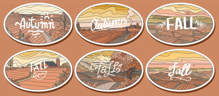 Rural landscapes stickers set. Farm field and cabin. Agriculture and Vineyard. Green hills, meadows and mountains background for banner or web. Vector illustration. Hand draw engrave vintage sketch.のイラスト素材