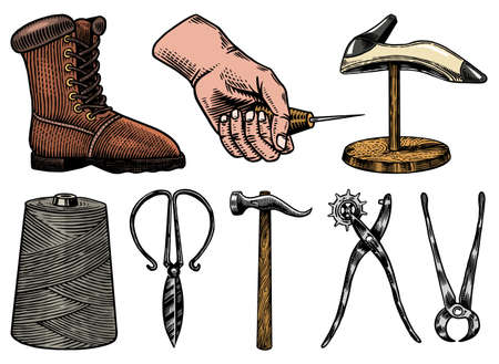 Cobbler set. Professional equipments for Shoe repair. Shoemaker or bootmaker. Cream Hammer Awl Brush Thread Glue Shoe. Hand drawn engraved old sketch for label or poster.のイラスト素材