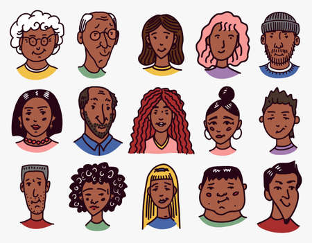 Diverse faces of African and Latin American people. Character set. Human Avatars Collection. Multi-ethnic Happy emotions. Men and women, grandparents and girls. Hand drawn sketch for app iconsのイラスト素材