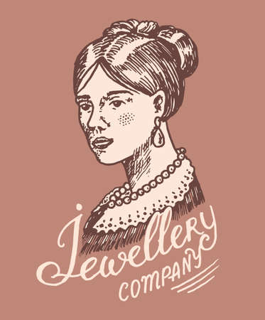 Victorian lady label. Womens jewelry shop badge. Luxury jewellery accessories, ladies fashion. Vintage Retro typography or signboard. Hand Drawn engraved sketch.のイラスト素材