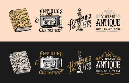Antique shop labels or badges. Book and camera. Vintage victorian ancient  for t-shirts and typography. Drawn engraved monochrome sketch.のイラスト素材