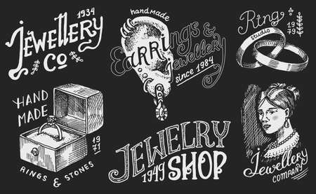 Womens jewelry shop badges set. Luxury accessories, wedding rings, ladies fashion and Earring. Vintage retro Templates for typography. Drawn engraved sketch.のイラスト素材