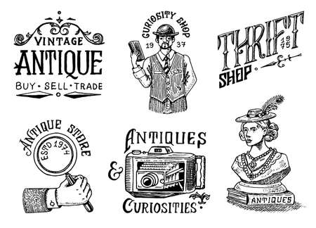 Antique shop labels or badges. Vintage Woman sculpture, camera and Magnifier, gentleman man. Old fashion. Hand Drawn engraved monochrome sketch. Victorian ancient  for t-shirts and typography.のイラスト素材