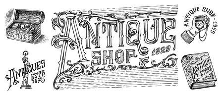 Antique shop labels or badges. Vintage pocket watch, book and phrase with old capital letters, Pirate chest. Hand Drawn engraved monochrome sketch. Victorian ancient  for t-shirts and typography.のイラスト素材