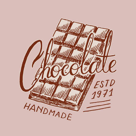 Chocolate bar. Vintage badge for t-shirts, typography, shop or signboards. Hand Drawn engraved...