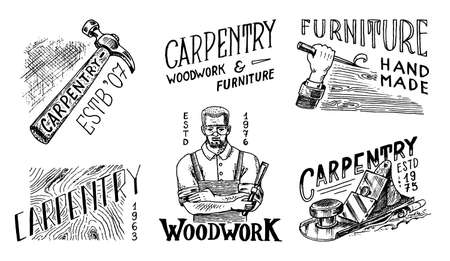 Wooden labels set for Workshop or signboards. Woodworker carpenter man, joiner and Hammer. Vintage badges for typography or t-shirts. Hand Drawn engrave sketch.のイラスト素材
