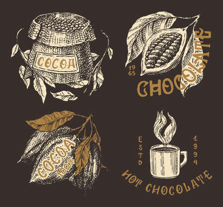 Cocoa Beans and Chocolate. Fruit and bag. Vintage badge set for t-shirts, typography, shop or signboards. Hand Drawn engraved sketch. Vector illustration.のイラスト素材