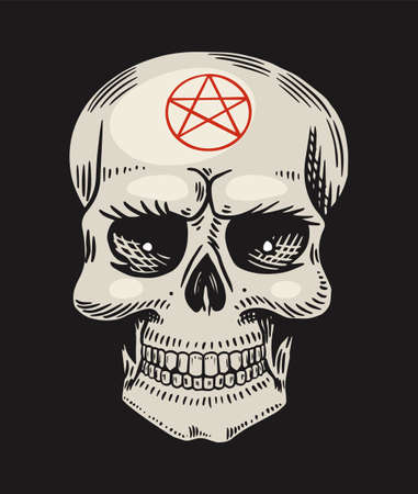 Human skull with satanic symbols. Element of magic mystical spells. Hand drawn engraved doodle sketch. Vector illustration.のイラスト素材