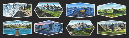 Mountain landscape backgrounds set. Alpine peaks and Traveler with a tent. Vintage Mounts stickers....