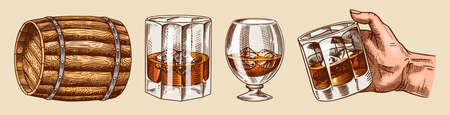 Vintage Whiskey set. Wooden barrel, scotch and bourbon, wheat and rye, Glass bottle, Victorian man, cheers toast. Strong Alcohol drink. Hand drawn engraved sketch for poster, badge. American symbols.のイラスト素材