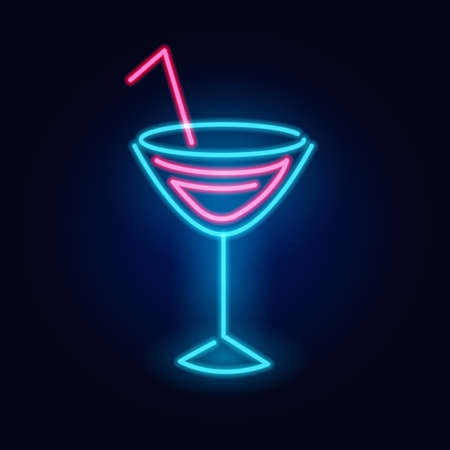 Neon cocktail. Fashion sign. Night light signboard, Glowing banner. Summer emblem.のイラスト素材