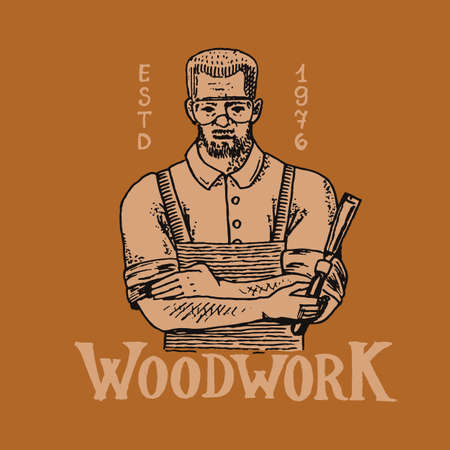Woodworker carpenter man or joiner. Wood label for Workshop or signboards.のイラスト素材