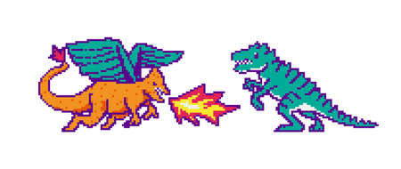 Fire dragon and dinosaur. Fight or Battle in the game concept. Pixel art 8 bit objects. Retro...