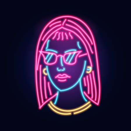 Neon Girl in glasses. Fashion sign. Night light signboard, Glowing banner. Summer emblem.のイラスト素材