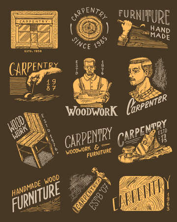 Wooden labels set for Workshop or signboards. Woodworker carpenter man, joiner and furniture. Hammer and chair.のイラスト素材