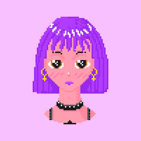 Anime girl. Pixel art 8 bit objects. Fashion Character Avatar. Retro game assets. Dreamy video arcade. Purple hair and Bob cut. Vector illustration.のイラスト素材