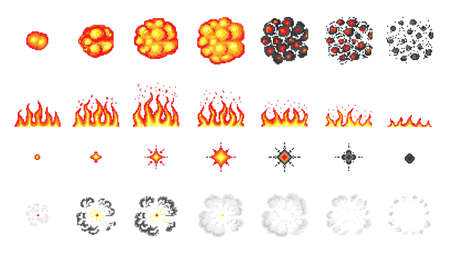 Nuclear explosion. Pixel art 8 bit fire objects. Game icons set. Comic boom flame effects. Bang burst explode flash dynamite with smoke. Digital icons. Animation Process steps.のイラスト素材