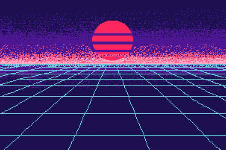 80 s purple city. Pixel art 8 bit object. Fashion poster. Retro game assets. Futuristic Video arcade. Vector illustration.のイラスト素材