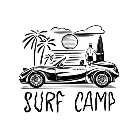Surf badge, Vintage Surfer logo. Retro Wave and palm. Summer California and San Francisco. Man on the surfboard, beach and sea. Guy with a Guitar. Engraved emblem hand drawn. Banner or posterのイラスト素材