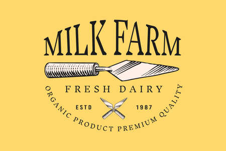 Cheese badge. Vintage logo for market or grocery store. Fresh organic milk. Vector Engraved hand drawn sketch for label, emblem, poster or menuのイラスト素材