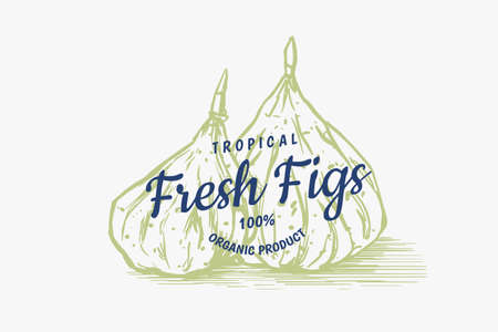 Fresh fig badge. Dried fruit Foliage label. Detox spice. Vector Engraved hand drawn sketch for stamp, t-shirt or typography or menu.のイラスト素材