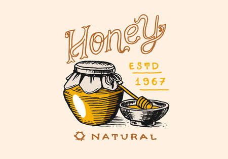 Honey and bees. Vintage  typography, shop or signboards. Badge for t-shirts. Hand Drawn engrave sketch. Vector illustration.のイラスト素材