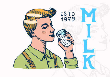 A man drinking a glass of milk. Vintage  shop. Badge for t-shirts. Hand Drawn engrave sketch. Vector illustration.のイラスト素材