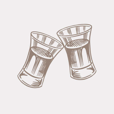 Cheers toast. Vintage American Cognac or liquor badge. Alcoholic Label for poster banner. Glass shots with strong drink. Hand Drawn engraved sketch lettering for t-shirt.のイラスト素材