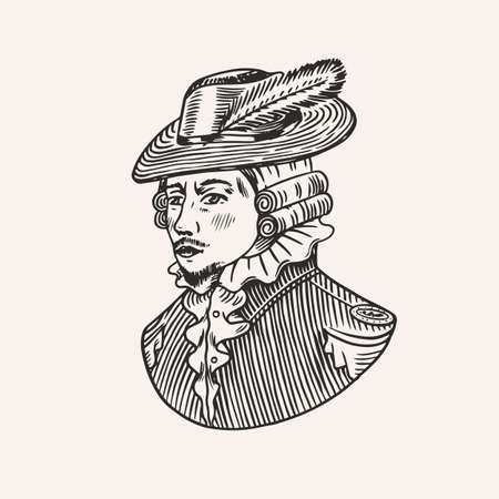 Duke or Antique Victorian Man with Feather Hat. Engraved hand drawn vintage sketch. Woodcut style. Vector illustrationのイラスト素材