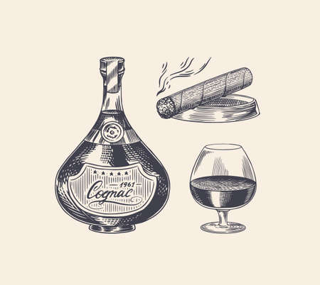 Cognac bottle and glass goblet and cigar. Engraved hand drawn vintage sketch. Woodcut style. Vector illustration.のイラスト素材