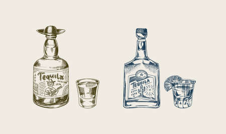 Bottle of tequila Glass shot with lime and label for retro poster or banner. Mexican drink. Engraved hand drawn vintage sketch. Woodcut style. Vector illustration.のイラスト素材