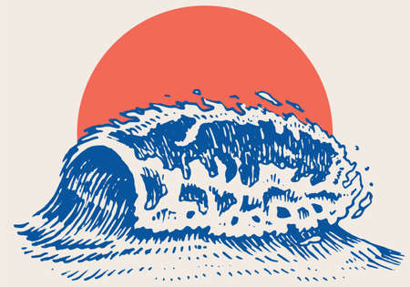 Atlantic tidal waves and red sun. Vintage old engraved hand drawn labels. Marine and nautical or sea, ocean in Japanese style for banner, background or poster. set of Isolated vector illustration.のイラスト素材