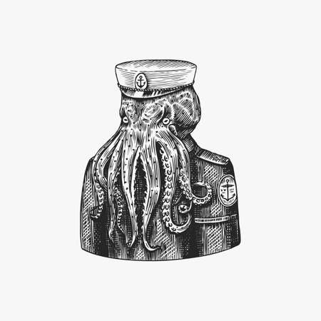 Octopus sailor. Sea captain. Fashion Animal character. Nautical Seaman or nautical mariner. Hand drawn sketch.   label and tattoo or T-shirts.のイラスト素材