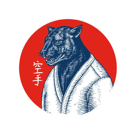 Black panther and Bee biker and red sun. Japanese text means: karate. Fashion animal character. Hand drawn sketch. Hand drawn sketch. Vector engraved illustration for logo and T-shirts or tattoo.のイラスト素材