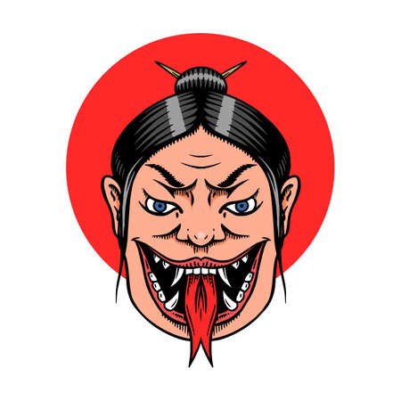 Japanese female geisha with snake tongue. Screaming Scary woman. Chinese Mythological or Asian symbol for tattoo or label. Engraved hand drawn line Vintage old monochrome sketch. Vector illustration.のイラスト素材