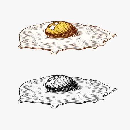 Fried eggs. Scrambled omelette and yolk. Farm product. Engraved hand drawn retro vintage sketch. Woodcut style. Vector illustration for menu or poster.のイラスト素材