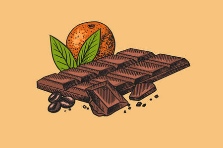 Chocolate bar with orange and coffee beans. Engraved hand drawn vintage sketch. Woodcut style.のイラスト素材