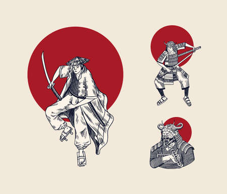 Japanese samurai and red sun. Warriors with weapons sketch. Men in a fight pose. Hand drawn vintage sketches. Vector illustration in monochrome style.のイラスト素材