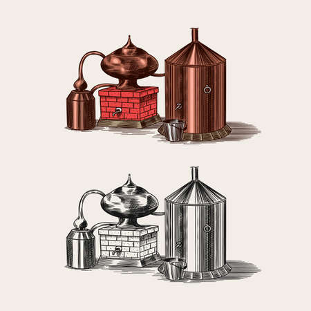 Distilled alcohol. Device for preparing tequila, cognac and spirits. Engraved hand drawn vintage sketch. Woodcut style. Vector illustration for menu or poster.のイラスト素材