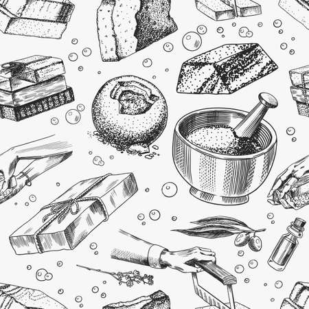 Bar of soap background. Seamless pattern. Washing hands in vintage style. Homemade packaging. Foam production process. Organic Bubble cosmetic for Bath. Drawn a monochrome engraved sketch.のイラスト素材