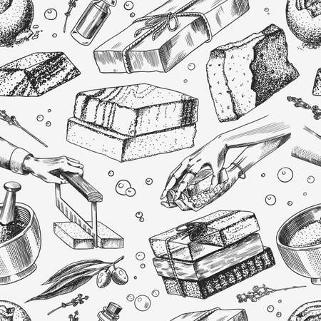 Bar of soap background. Seamless pattern. Washing hands in vintage style. Homemade packaging. Foam production process. Organic Bubble cosmetic for Bath. Drawn a monochrome engraved sketch.のイラスト素材