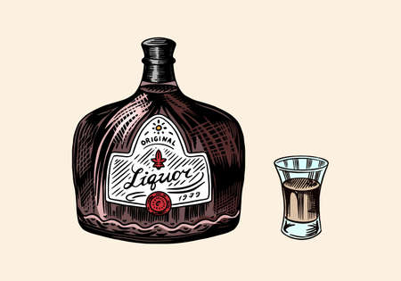 Bottle of liquor. Glass shot with alcohol. Strong drink. Engraved hand drawn vintage sketch for menu or poster. Vector illustrationのイラスト素材