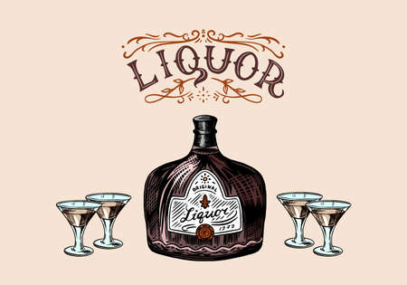 Glass Bottle of liquor. Shot with Strong drink. American badge. Alcoholic Label. Hand drawn engraved sketch for t-shirt. Classic frame for bottle poster banner.のイラスト素材