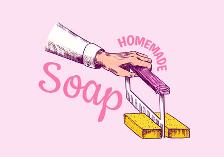 Bubble Bath soap. Hand in vintage style. Foam production process. Homemade Organic cosmetic, natural lather. Drawn a monochrome engraved sketch for spa label or banner.のイラスト素材