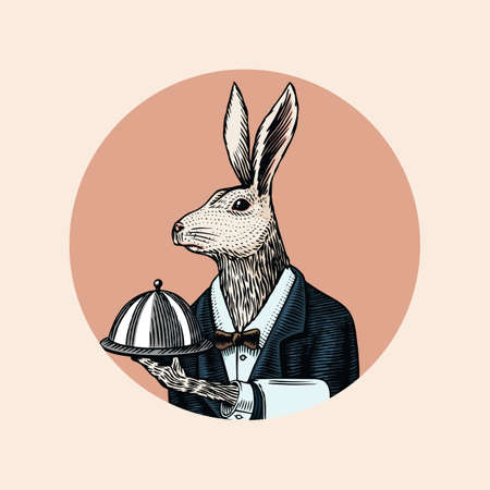 Hare waiter with a dish. Rabbit flunky or garcon. Fashion animal character. Hand drawn sketch. Vector engraved illustration for logo, label and tattoo or T-shirts.のイラスト素材